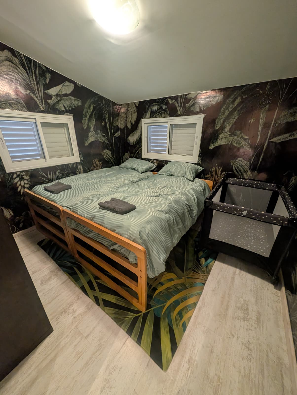 Bedroom with patterned wall